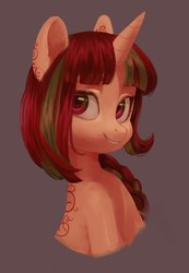 Size: 1496x2160 | Tagged: safe, artist:aphphphphp, oc, oc only, pony, unicorn, braid, bust, female, mare, portrait, smiling, solo