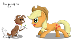 Size: 2770x1552 | Tagged: safe, artist:cloudy95, applejack, winona, pony, g4, role reversal, silly, silly pony, simple background, tongue out, transparent background, twig