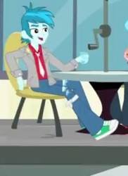 Size: 194x267 | Tagged: safe, screencap, thunderbass, equestria girls, g4, music to my ears, my little pony equestria girls: rainbow rocks, background human, chair, clothes, jacket, male, necktie, pants, shoes, short, sitting, sneakers, solo, table