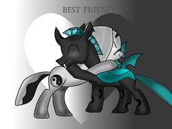 Size: 800x600 | Tagged: safe, artist:psychicpie, oc, oc only, oc:steel crescent, changeling, earth pony, pony, best friends, blue changeling, duo, gradient background, hug, simple background