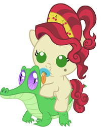 Size: 986x1117 | Tagged: safe, artist:red4567, cherry jubilee, gummy, pony, g4, baby, baby pony, cherry jubilee riding gummy, cute, female, filly, foal, gummybetes, jubibetes, male, pacifier, ponies riding gators, riding