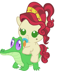 Size: 986x1117 | Tagged: safe, artist:red4567, cherry jubilee, gummy, pony, g4, baby, baby pony, cute, female, filly, foal, gummybetes, jubibetes, male, pacifier, ponies riding gators, riding