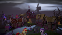 Size: 1920x1080 | Tagged: safe, artist:tehwatever, starlight glimmer, sunset shimmer, pony, g4, 3d, castle, darkest dungeon, fountain, gmod, statue, sugarcube corner, tree, trixie's wagon, twilight's castle