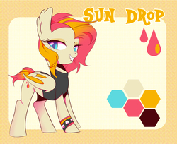 Size: 666x543 | Tagged: safe, artist:sorasku, oc, oc only, oc:sun drop, bat pony, pony, clothes, colored pupils, female, mare, reference sheet, shirt, solo