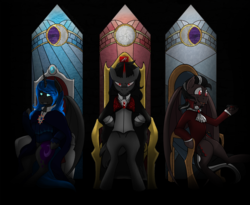 Size: 2009x1651 | Tagged: safe, artist:stuflox, king sombra, nightmare moon, oc, alicorn, bat pony, bat pony alicorn, pony, unicorn, vampire, g4, clothes, crossover, dance of the vampires, darkhorse knight, looking at you, musical, parody, red eyes, rule 63, throne