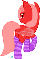 Size: 2026x3009 | Tagged: safe, alternate version, artist:arifproject, vector edit, oc, oc only, oc:downvote, bat pony, pony, derpibooru, g4, clothes, derpibooru ponified, fangs, hairclip, high res, meta, ponified, rear view, simple background, socks, solo, striped socks, transparent background, vector