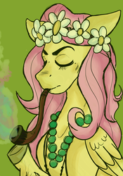 Size: 1400x2000 | Tagged: safe, artist:lxxjunebugxxl, fluttershy, g4, eyes closed, female, floral head wreath, flower, jewelry, necklace, pipe, smoking, solo