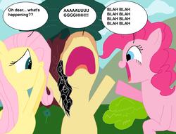 Size: 2824x2156 | Tagged: safe, artist:eagc7, fluttershy, pinkie pie, oc, oc:curly fries, g4, annoyed, dialogue, excited, high res, text, worried