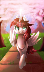 Size: 1267x2100 | Tagged: safe, artist:scarlet-spectrum, oc, oc only, oc:fausticorn, alicorn, pony, alicorn oc, cherry blossoms, female, flower, flower blossom, looking at you, mare, pathway, scenery, smiling, solo, tree