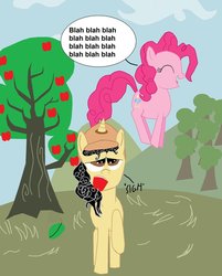 Size: 802x996 | Tagged: safe, artist:eagc7, pinkie pie, oc, oc:curly fries, g4, annoyed, apple, dialogue, food, jumping, text, tree