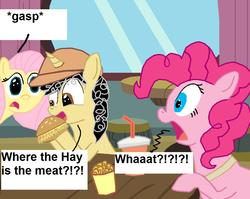 Size: 1025x815 | Tagged: safe, artist:eagc7, fluttershy, pinkie pie, oc, oc:curly fries, g4, burger, comic, cup, dialogue, drink, food, hamburger, hat, hay burger, text