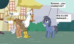 Size: 3429x2021 | Tagged: safe, artist:eagc7, oc, oc only, oc:clutterstep, oc:silver quill, classical hippogriff, hippogriff, pony, awkward, awkward moment, dialogue, high res, text