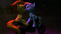 Size: 5000x2812 | Tagged: safe, artist:rene-owen, rainbow dash, spitfire, g4, 3d, biker dash, dark, female, high res, kissing, lesbian, love, night, romance, ship:spitdash, shipping, source filmmaker