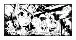 Size: 2550x1350 | Tagged: safe, artist:halley-valentine, oc, oc only, oc:calamity, oc:littlepip, pegasus, pony, unicorn, fallout equestria, battle saddle, black and white, clothes, fanfic, fanfic art, female, grayscale, gun, hat, horn, jumpsuit, male, mare, monochrome, open mouth, pipbuck, rifle, stable (vault), stable 24, stallion, teeth, vault, vault suit, weapon, wings