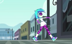 Size: 776x480 | Tagged: safe, screencap, dj pon-3, vinyl scratch, equestria girls, g4, music to my ears, my little pony equestria girls: rainbow rocks, building, canterlot city, clothes, female, headphones, leggings, shoes, short, skirt, sneakers, solo, street, sunglasses, walking