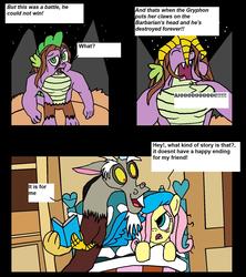 Size: 1497x1689 | Tagged: safe, artist:eagc7, discord, fluttershy, rocky, spike, dragon, g4, bed, book, caring for the sick, claws, dialogue, fluttershy's cottage, mountain, nest, parody, sick, text, the fairly oddparents