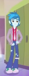 Size: 143x366 | Tagged: safe, screencap, thunderbass, equestria girls, g4, music to my ears, my little pony equestria girls: rainbow rocks, background human, clothes, jacket, male, necktie, pants, shoes, short, smiling, sneakers, solo, walking