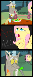 Size: 1433x3281 | Tagged: safe, artist:eagc7, discord, fluttershy, g4, broccoli, carrot, comic, cup, cup of water, dialogue, dreamworks, food, fork, green bean, heart attack, madagascar (dreamworks), parody, plate, prank, table, text, the penguins of madagascar, tomato, vegetables, water