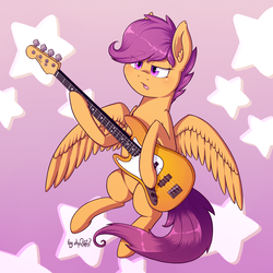 Size: 2000x2000 | Tagged: safe, artist:dsp2003, scootaloo, pegasus, pony, g4, bass guitar, commission, female, guitar, high res, musical instrument, open mouth, sad, scootabass, simple background, solo, stars
