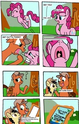 Size: 1192x1846 | Tagged: safe, artist:eagc7, pinkie pie, oc, oc:curly fries, pony, g4, bald, comic, confused, dialogue, jumping, magic, nose in the air, paper, parody, scared, screaming, spongebob squarepants, text, that's no lady, tree, yelling