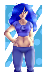 Size: 2000x3000 | Tagged: safe, artist:rdstartie, princess luna, human, g4, belly button, clothes, female, high res, humanized, midriff, pants, short shirt, solo