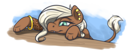 Size: 1817x755 | Tagged: safe, artist:snowpaca, oc, oc only, oc:vite, sphinx, cute, female, jewelry, lidded eyes, paws, simple background, solo, sphinx oc, tail wiggle, transparent background