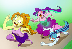 Size: 3669x2520 | Tagged: safe, artist:doublewbrothers, derpibooru exclusive, adagio dazzle, aria blaze, sonata dusk, zombie, equestria girls, g4, my little pony equestria girls: rainbow rocks, 28 days later, alternate clothes, chase, clothes, commission, dress, drool, high res, infection, rage, rage virus, running, skirt, tank top, the dazzlings