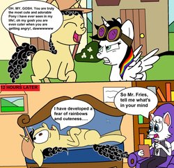 Size: 908x880 | Tagged: safe, artist:eagc7, oc, oc only, oc:curly fries, oc:dr. wolf, oc:lightning bliss, alicorn, pony, unicorn, wolf, angry, berserk button, bush, chair, comic, couch, cute, dialogue, female, flower, goggles, hat, i'm not cute, male, mare, ocbetes, stallion, text, traumatized