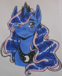 Size: 1820x2216 | Tagged: safe, artist:toybites, princess luna, g4, blushing, bust, female, looking at you, portrait, simple background, solo, traditional art