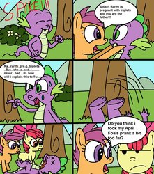 Size: 839x951 | Tagged: safe, artist:eagc7, apple bloom, scootaloo, spike, dragon, g4, april fools, april fools joke, dialogue, faint, fainted, female, filly, joke, prank, text, tongue out, tree