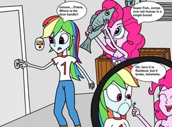 Size: 1024x759 | Tagged: safe, artist:eagc7, pinkie pie, rainbow dash, fish, human, equestria girls, g4, box, boxes, clothes, door, door handle, female, kenan and kel, parody, shirt, sleeveless, t-shirt, tank top