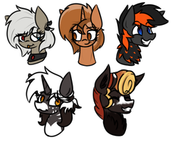 Size: 2200x1800 | Tagged: safe, artist:nekro-led, oc, oc only, oc:cella, oc:crafted sky, oc:melody onyx, oc:monarch, oc:sign, changeling, changeling queen, bust, changeling queen oc, female, neck feathers