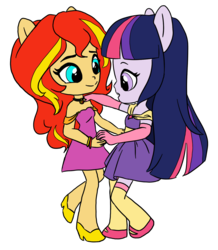 Size: 1280x1467 | Tagged: safe, artist:strawberrypanda1-art-blog, sunset shimmer, twilight sparkle, equestria girls, g4, alternate clothes, dancing, doll, eared humanization, equestria girls minis, female, lesbian, ship:sunsetsparkle, shipping, simple background, toy, transparent background