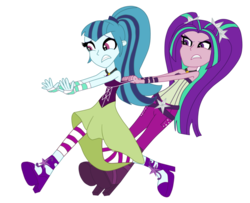 Size: 992x805 | Tagged: safe, artist:eagc7, aria blaze, sonata dusk, equestria girls, g4, angry, bare arms, bare shoulders, caught, clothes, clothes swap, dress, female, high heels, leggings, pigtails, ponytail, running, running away, running in place, scared, shoes, simple background, skirt, sleeveless, sleeveless dress, strapless, strapless shirt, the dazzlings, transparent background, twintails
