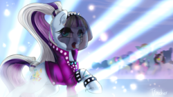 Size: 4000x2248 | Tagged: safe, artist:vincher, bon bon, coloratura, pinkie pie, rainbow dash, sweetie drops, g4, countess coloratura, crowd, raised hoof, solo focus