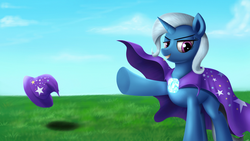 Size: 1024x576 | Tagged: dead source, safe, artist:jeki, trixie, pony, unicorn, g4, brooch, cape, clothes, female, grass field, grin, hat, jewelry, mare, smiling, solo, trixie's brooch, trixie's cape, trixie's hat, underhoof