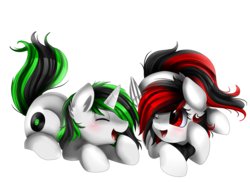 Size: 2782x2081 | Tagged: safe, artist:pridark, oc, oc only, oc:litch, oc:ray scratch, pegasus, pony, unicorn, commission, cute, duo, eyes closed, female, high res, laughing, male, mare, ocbetes, one eye closed, open mouth, prone, ritch, simple background, smiling, stallion, transparent background