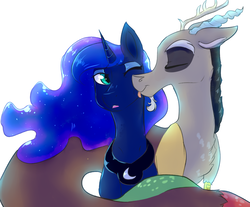 Size: 2300x1900 | Tagged: dead source, safe, artist:shiny-cooler, discord, princess luna, g4, face licking, female, licking, male, ship:lunacord, shipping, simple background, straight, tongue out, white background