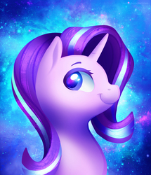 Size: 1336x1553 | Tagged: safe, artist:nekiw, starlight glimmer, pony, unicorn, g4, bust, cute, female, glimmerbetes, looking back, portrait, profile, smiling, solo, space background