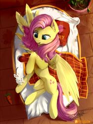 Size: 800x1066 | Tagged: safe, artist:discordthege, angel bunny, fluttershy, pegasus, pony, g4, aerial view, bed, blanket, carrot, cute, duo, female, food, mare, open mouth, patreon, pillow, plant, shyabetes, signature, yarn, yarn ball