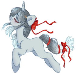 Size: 2319x2283 | Tagged: safe, artist:hawthornss, oc, oc only, oc:marionette strings, pony, unicorn, blushing, eyes closed, hair accessory, hair ribbon, high res, simple background, smiling, solo, transparent background