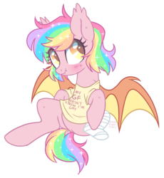 Size: 2250x2443 | Tagged: safe, artist:hawthornss, oc, oc only, oc:paper stars, bat pony, pony, amputee, bandage, bat pony oc, blatant lies, blushing, clothes, cute, dock, ear fluff, female, glitterstars, high res, implied lesbian, mare, missing limb, moonsugar is trying to kill us, scrunchy face, shirt, simple background, sitting, solo, spread wings, stump, sweat, transparent background, weapons-grade cute