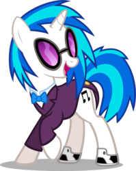 Size: 1034x1300 | Tagged: safe, artist:zacatron94, dj pon-3, vinyl scratch, pony, g4, clothes, commission, female, open mouth, raised hoof, shoes, simple background, smiling, sneakers, solo, suit, sunglasses, transparent background