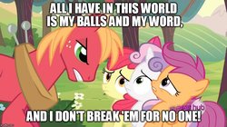 Size: 888x499 | Tagged: safe, edit, edited screencap, screencap, apple bloom, big macintosh, scootaloo, sweetie belle, earth pony, pony, g4, ponyville confidential, caption, cutie mark crusaders, male, scarface, stallion