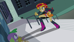 Size: 1920x1080 | Tagged: safe, screencap, spike, sunset shimmer, dog, equestria girls, g4, my little pony equestria girls, >rape, big crown thingy, boots, clothes, crown, element of magic, evil grin, grin, high heel boots, jacket, jewelry, leather jacket, regalia, scared, skirt, smiling, spike the dog
