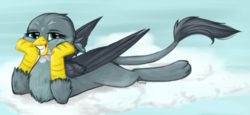 Size: 1280x591 | Tagged: safe, artist:farcuf, gabby, griffon, g4, cloud, female, grin, hands on cheeks, lidded eyes, looking at you, lying down, signature, smiling, solo, wings