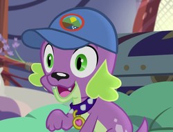 Size: 943x720 | Tagged: safe, screencap, spike, spike the regular dog, dog, equestria girls, g4, my little pony equestria girls: legend of everfree, cap, happy, hat, male, solo