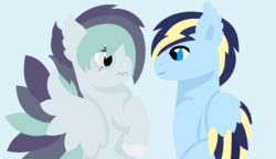 Size: 1024x589 | Tagged: safe, artist:brigth-doddles99, oc, oc only, oc:lightning bolt, pegasus, pony, looking at each other, offspring, parent:rainbow dash, parent:soarin', parent:thunderlane, parents:soarindash, parents:thunderdash