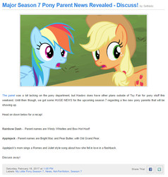 Size: 671x705 | Tagged: safe, screencap, applejack, bow hothoof, bright mac, old grand pear, pear butter, rainbow dash, windy whistles, earth pony, pegasus, pony, equestria daily, g4, parental glideance, season 7, the perfect pear, applejack's parents, duo, female, freckles, frown, hat, looking at you, mare, op is a slowpoke, open mouth, romeo and juliet, song, text