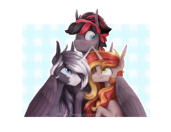 Size: 1993x1541 | Tagged: safe, artist:alicjaspring, oc, oc only, pegasus, pony, unicorn, bandana, commission, curved horn, cute, female, group, horn, hug, looking up, male, mare, one eye closed, smiling, stallion, trio, winghug